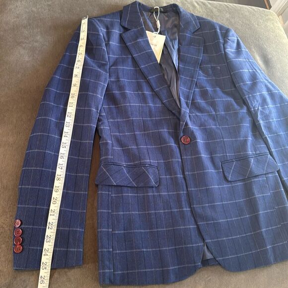 Men’s Blue Plaid 3 Piece Slim Fit Suit Notched Lapel Jacket 34 Pants 32 NEW - Picture 6 of 16